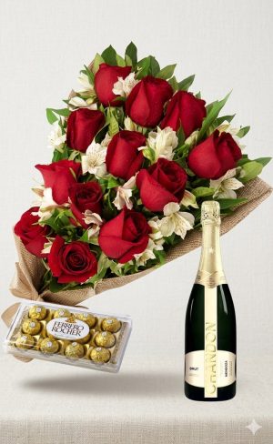 Ramo de 12 rosas rojas y astromelias con bombones Ferrero Rocher 12 uds y champagne
