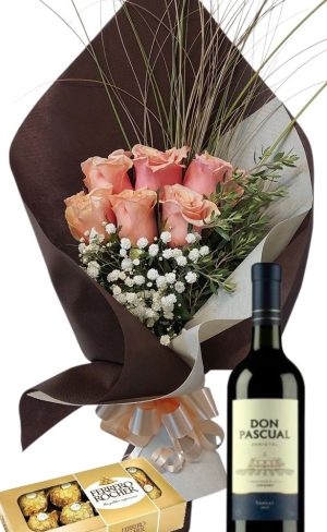 Ramo de 6 rosas Beige con bombones Ferrero Rocher 8 uds y vino Don Pascual Tannat