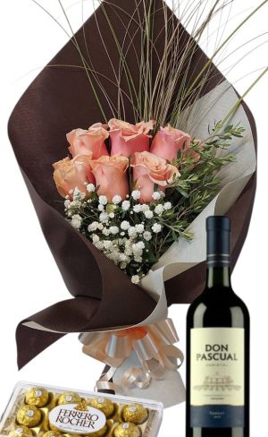 Ramo de 6 rosas Beige con bombones Ferrero Rocher 12 uds y vino Don Pascual Tannat