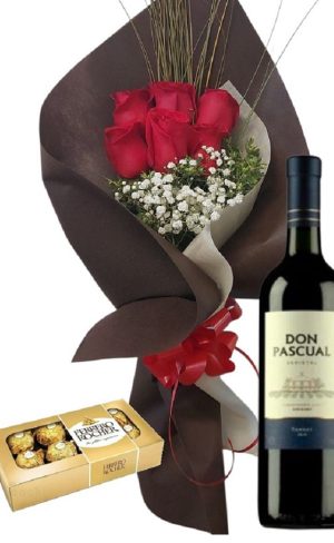 Ramo de 6 rosas rojas con bombones Ferrero Rocher 8 uds y vino Don Pascual Tannat