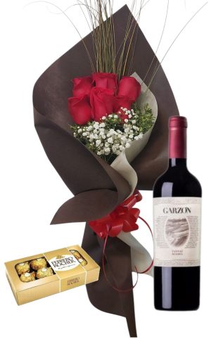 Ramo de 6 rosas rojas con Bombones Ferrero Rocher 8 unidades y Vino Garzón Tannat Reserva