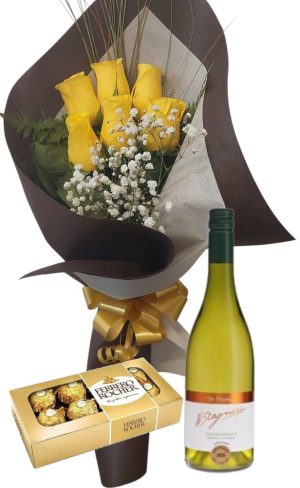 Ramo de 6 rosas amarillas con bombones Ferrero Rocher  8 uds y vino Stagnari Chardonnay de virginia