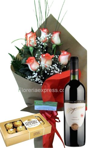 Ramo de 6 rosas matizadas con bombones Ferrero Rocher 8 uds y vino Stagnari Tannat Premier