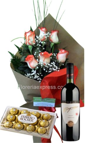 Ramo de 6 rosas matizadas con bombones Ferrero Rocher  12 uds y vino Stagnari Tannat Premier