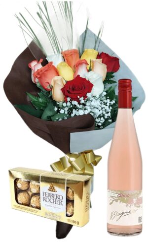 El ramo de 12 rosas multicolores con Bombones Ferrero Rocher 8 uds y Vino Stagnari Blush