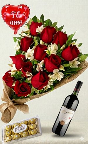 Ramo de 12 rosas rojas y astromelias con bombones Ferrero Rocher 12 uds y Vino Stagnari Tannat Premier con globo "te amo"