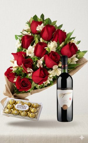 Ramo de 12 rosas rojas y astromelias con bombones Ferrero Rocher 12 uds y Vino Stagnari Tannat Premier