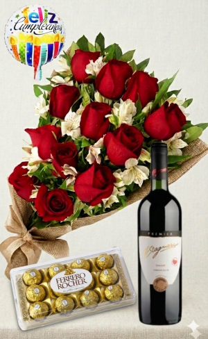 Ramo de 12 rosas rojas y astromelias con bombones Ferrero Rocher 12 uds y Vino Stagnari Tannat Premier con globo feliz cumpleaños blancos