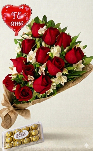 Ramo de 12 rosas rojas y astromelias con bombones Ferrero Rocher 12 uds y un lindo globo temático "Te amo"