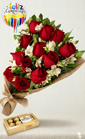 Ramo de 12 rosas rojas y astromelias con bombones Ferrero Rocher 8 uds y globo feliz cumpleaños blanco