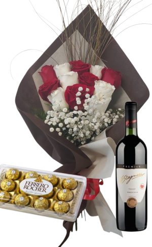 Ramo 12 Rosas Combinadas (rojas y blancas) con Bombones Ferrero Rocher 12 unidades + Stagnari Tannat