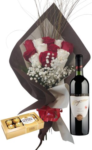 Ramo 12 Rosas Combinadas (rojas y blancas) con Bombones Ferrero Rocher 8 unidades y vino Stagnari Tannat