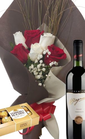 Ramo de 6 Rosas Combinadas (rojas y blancas) con Bombones Ferrero Rocher 8 unidades y vino Stagnari Tannat