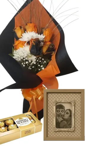 6 Rosas Naranjas y Negro Con Ferrero x 8 y Cuadro