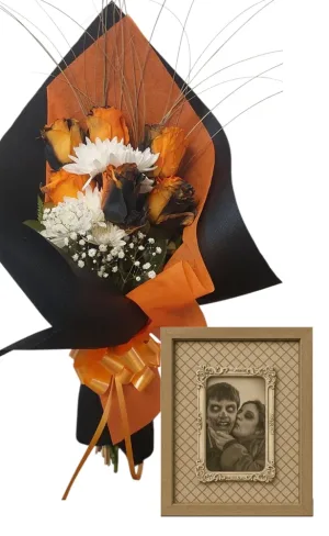 6 Rosas Naranjas y Negro y Cuadro