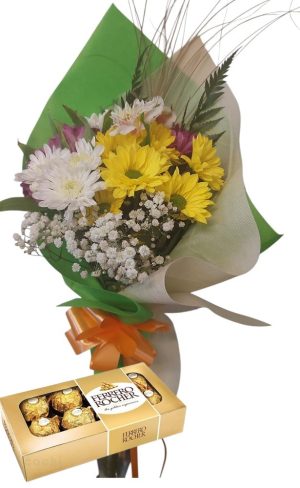 Mixto felpilla y astromelias chico con bombones Ferrero Rocher 8 uds