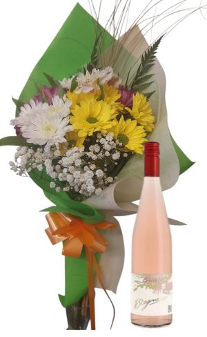 Mixto felpilla y astromelias chico con  Vino Stagnari Blush