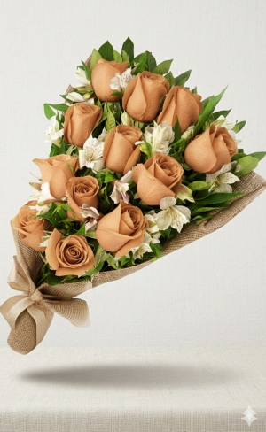 Ramo de 12 rosas beige con astromelias