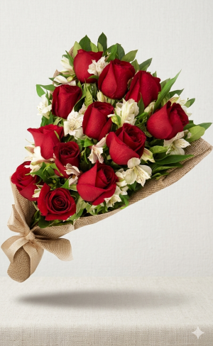 Ramo de 12 rosas rojas con astromelias