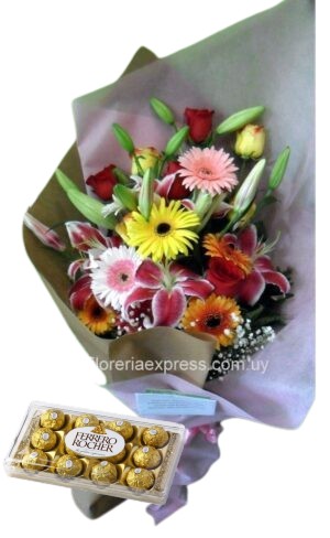 Mixto Grande de 6 rosas, 2 liliums y 6 gerberas Bombones Ferrero Rocher 12 uds