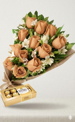Ramo de 12 rosas beige con astromelias y bombones Ferrero Rocher 8 uds