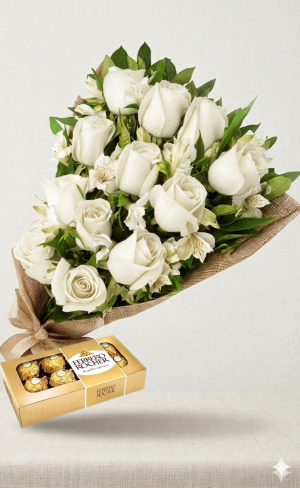 Ramo de 12 rosas blancas con astromelias y bombones Ferrero Rocher