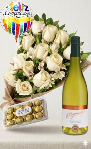 Ramo de 12 rosas blancas con astromelias, bombones Ferrero Rocher 12 uds, Vino Stagnari Chardonnay De Virginia y globo "Feliz Cumpleaños"
