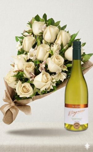 Ramo de 12 rosas blancas con astromelias y Vino Stagnari Chardonnay De Virginia