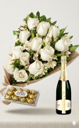 Ramo de 12 rosas blancas con astromelias, bombones Ferrero Rocher y champagne