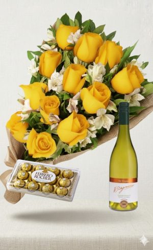 Ramo de 12 rosas amarillas con astromelias, bombones y Vino Stagnari Chardonnay De Virginia
