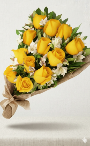 Ramo de 12 rosas amarillas con astromelias