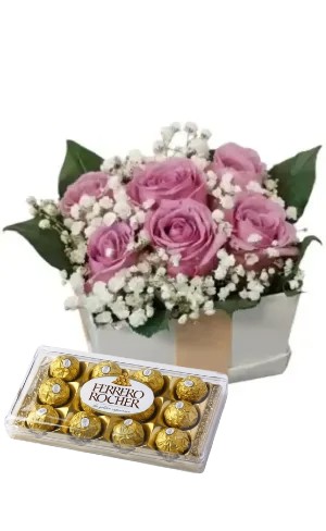 Cubo De 6 Rosas Lila con bombones Ferrero Rocher 12 uds