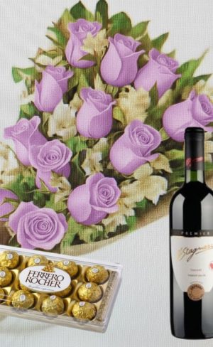 Ramo de 12 rosas lilas con astromelias, bombones Ferrero Rocher 12 uds y Vino Stagnari Blush