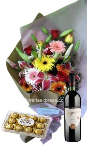 Mixto Grande de 6 rosas, 2 liliums y 6 gerberas Bombones Ferrero Rocher 12 uds y vino Staniari Tannat