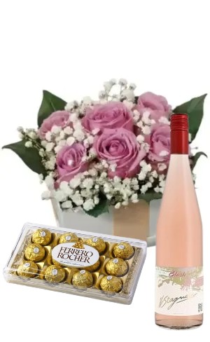 Cubo De 6 Rosas Lila con bombones Ferrero Rocher 8 uds y vino Stagnari Blush