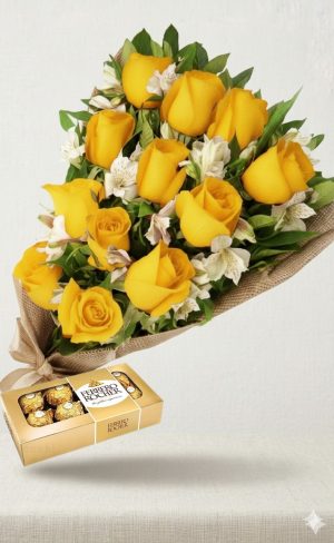 Ramo de 12 rosas amarillas con astromelias y bombones Ferrero Rocher 8 uds