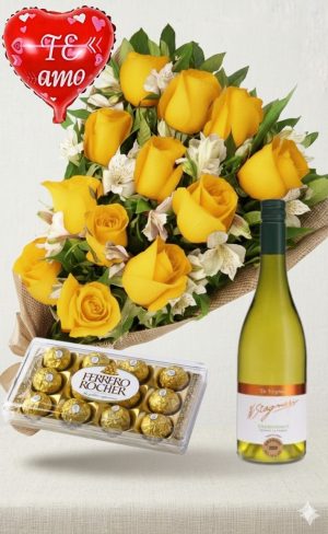 Ramo de 12 rosas amarillas y astromelias con bombones Ferrero Rocher 12 uds y Vino Stagnari Tannat Premier con globo "te amo"