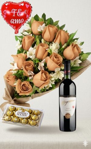 Ramo de 12 rosas beige y astromelias con bombones Ferrero Rocher 12 uds y Vino Stagnari Tannat Premier con globo "te amo"