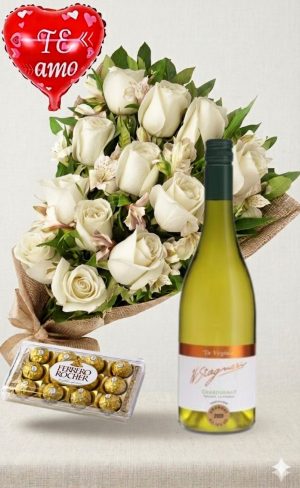 Ramo de 12 rosas blancas y astromelias con bombones Ferrero Rocher 12 uds y Vino Stagnari Tannat Premier con globo "te amo" (copia)