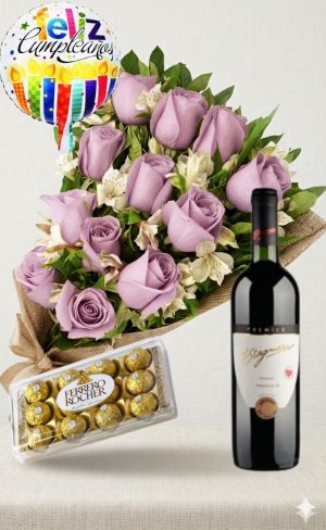 Ramo de 12 rosas lilas con astromelias, bombones Ferrero Rocher 12 uds, Vino Stagnari Chardonnay De Virginia y globo "Feliz Cumpleaños"