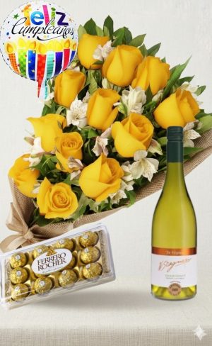 Ramo de 12 rosas amarillas con astromelias, bombones Ferrero Rocher 12 uds, Vino Stagnari Chardonnay De Virginia y globo "Feliz Cumpleaños"