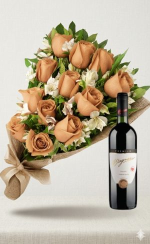 Ramo de 12 rosas beige con astromelias y Vino Stagnari Chardonnay De Virginia (copia)
