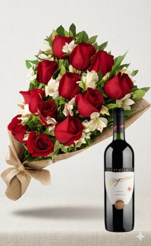 Ramo de 12 rosas rojas con astromelias y Vino Stagnari Chardonnay De Virginia (copia)