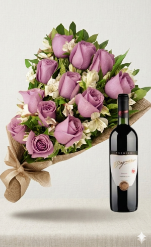 Ramo de 12 rosas lilas con astromelias y Vino Stagnari Chardonnay De Virginia