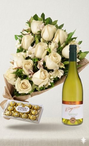 Ramo de 12 rosas blancas con astromelias, bombones Ferrero Rocher 12 uds y Vino Stagnari Blush