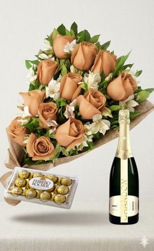 Ramo de 12 rosas beige y astromelias con bombones Ferrero Rocher 12 uds y champagne