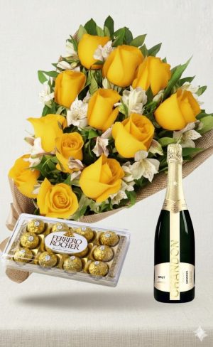 Ramo de 12 rosas amarillas y astromelias con bombones Ferrero Rocher 12 uds y champagne