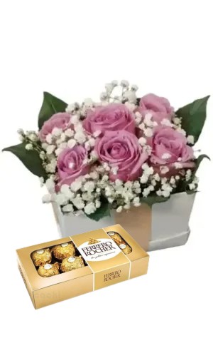 Cubo De 6 Rosas Lila con bombones Ferrero Rocher 8 uds