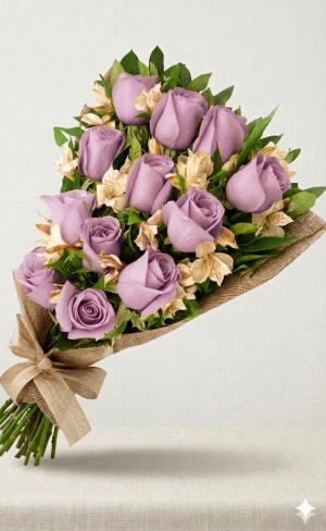 Ramo de 12 rosas lilas con astromelias