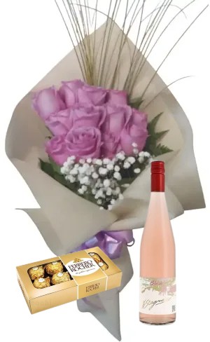 Ramo de 6 rosas beige con bombones Ferrero Rocher 8 uds y vino Stagnari Blush